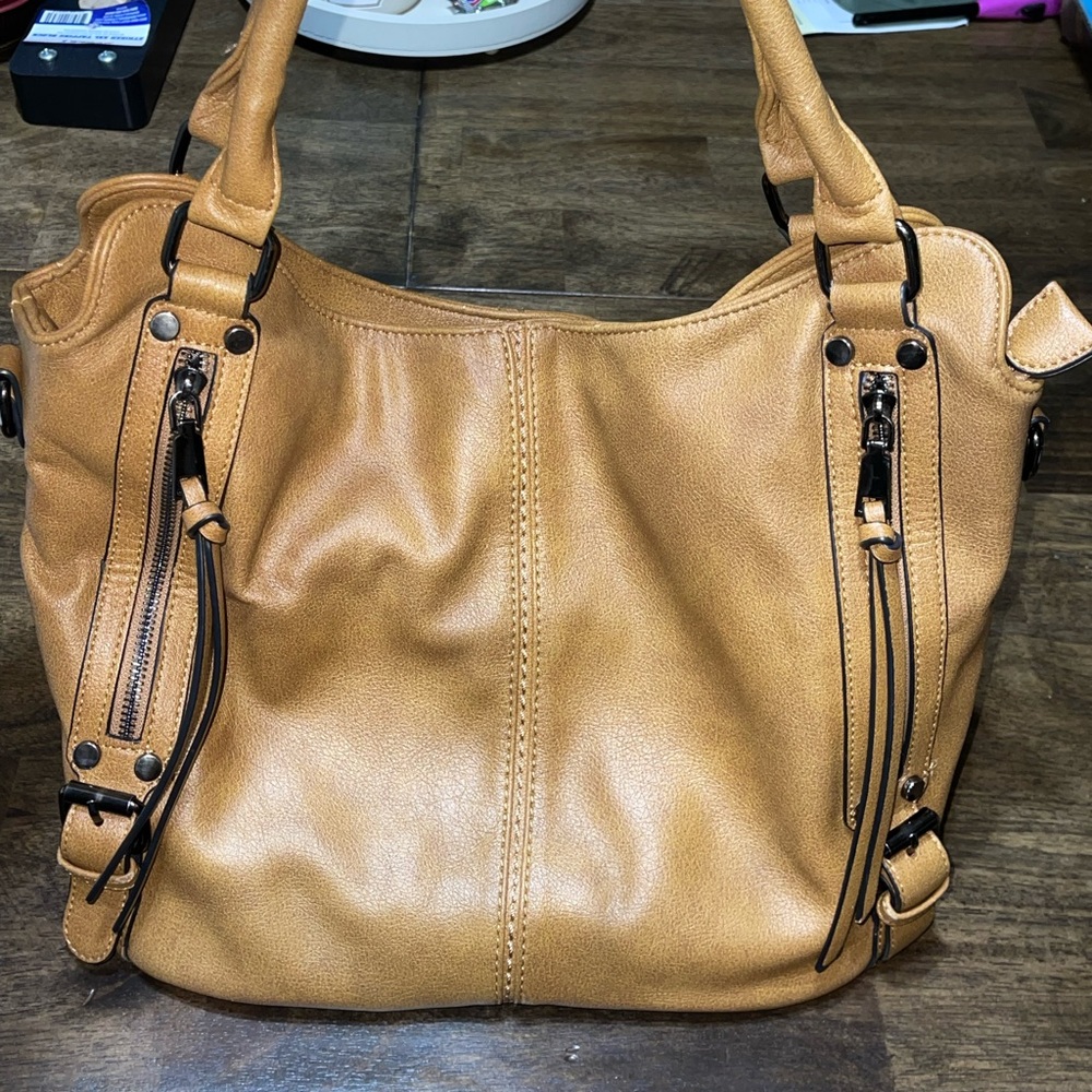 Realer Large Slouchy Front Zippers Brown Faux leather bag purse handbag
